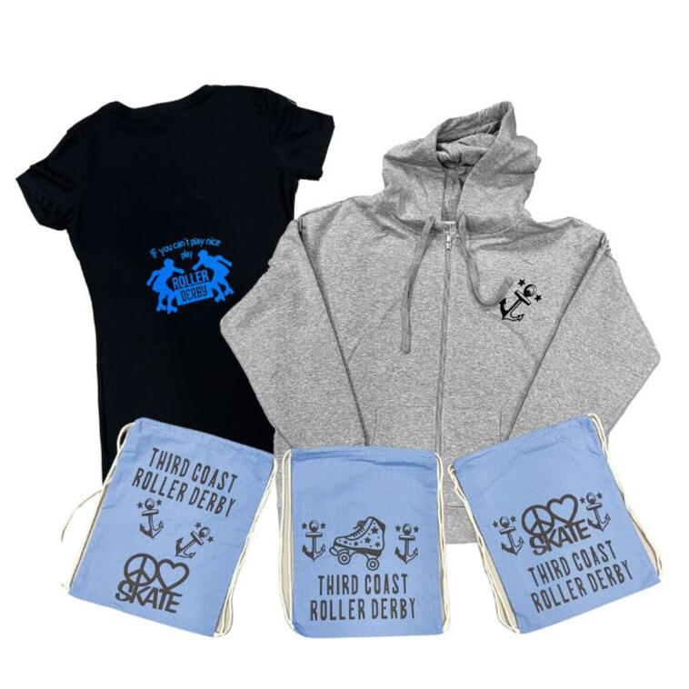 T Shirt, Hoodie, and bags with Third Coast Roller Derby graphics